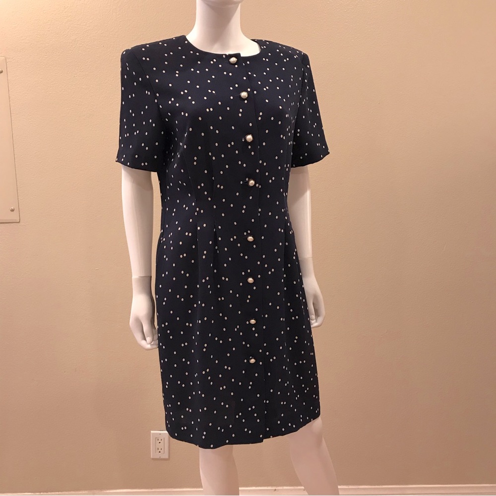 Debra Michaels Dark Blue Polka Dot Dress Size 12 Button Down Sheath Short Sleeve